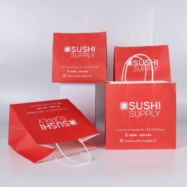 Custom Logo Printed Biodegradable Food Sushi To Go Takeaway Recyclable Kraft Paper Bag With Your Logo