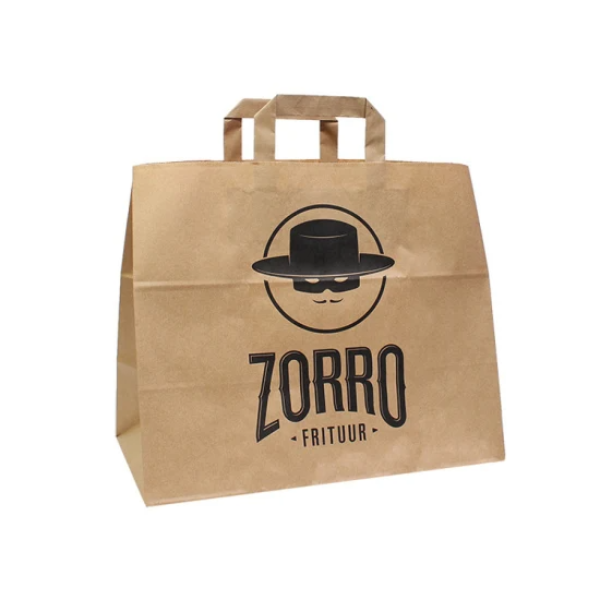 Durable Custom Printing Logo Size Fast Food Gift Shopping Take Away Kraft Paper Bags With Flat Handle
